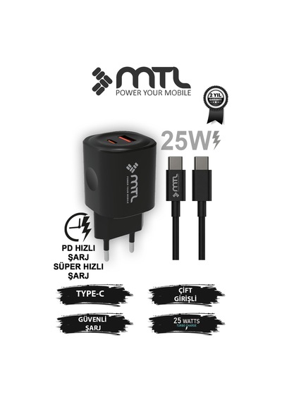 25w Pd + Usb Çift Çıkışlı Adaptör Ve Type-c Kablo Hızlı Şarj Seti Mt1725