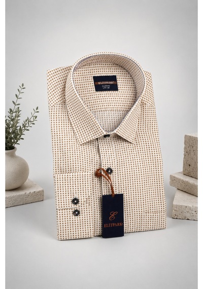 Elitpark Exclusive Square Uzun Kollu Pamuklu Cepli Rahat Kalıp Premium Erkek Gömlek Bej