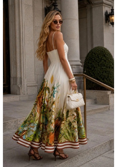 Asprinfashion Askılı Dijital Baskılı Maxi Elbise Yeşil
