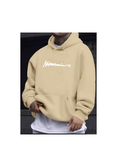 Medinenur Erkek El Yazılı Baskılı Kapüşonlu Sweatshirt Bej