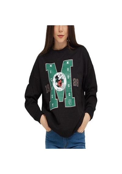 Siyah Mıckey Mouse Baskılı Cepli Bisikletyaka Oversize Sweatshirt