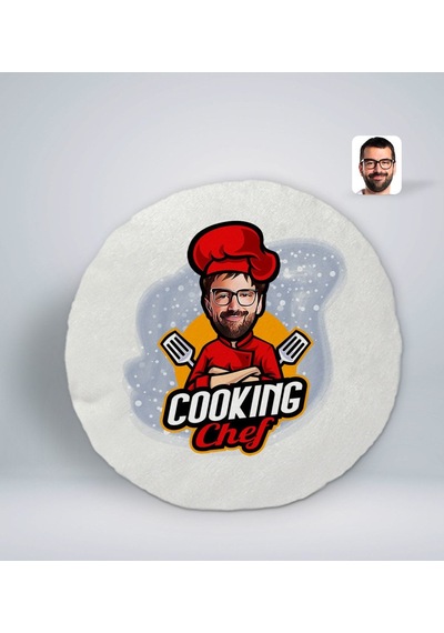 Bk Gift Kişiye Özel Erkek Chef Karikatürlü Yuvarlak Araç Koltuk Yastığı-11 Beyaz