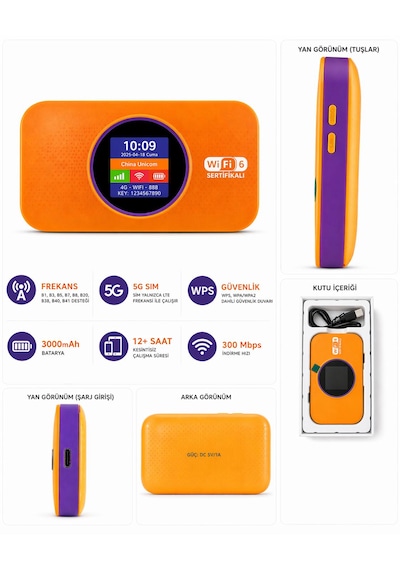 Taşınabilir Modem Mobil Wifi-5g Lte 3.000mah Batarya 300mbps Taşınabilir Router Wifi 6 Destekli Sım Kartlı Hotspotçoklu Kullanıcı Desteği