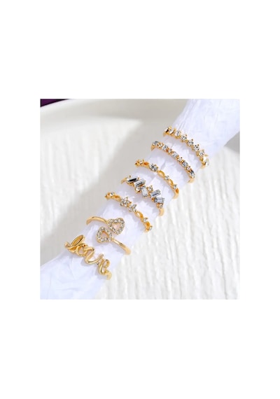Love Aşk 7 Parça Tasarım Gold Altın Taşlı 14 Şubat Sevgiliye Hediye Yüzük Seti