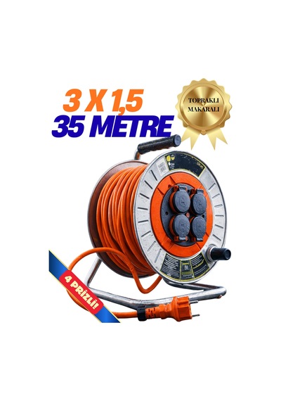 Klc Seyyar Makaralı Kablo Kapaklı 4 Prizli Metal Uzatma Kablosu 3x1.5 Mm Cca Kablo 35 Metre. 35 M