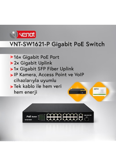 Vnt-sw1621-p 16 Port Full Gıga Poe 2 Port Uplink Gıga 1 Sfp Port Swıtch 250w