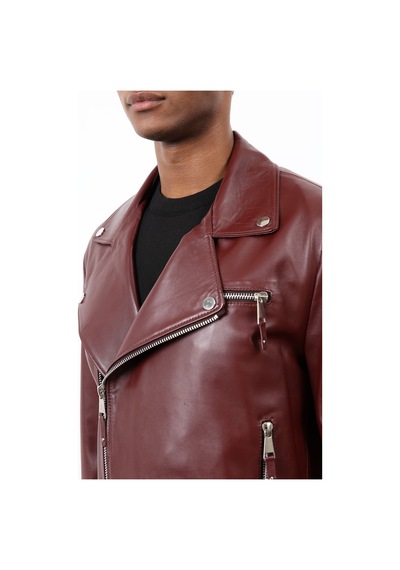 Antioch 100% Deri Biker Ceket Bordo