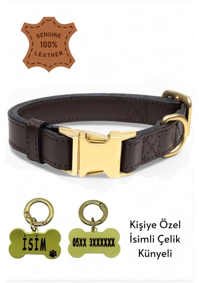 Hakiki Deri Köpek Boyun Tasması, Kişiye Özel Künyeli Lux Seri Kk Koyu Kahverengi