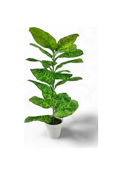 Yapay Çiçek Difenbahya Tropik Sarı Benekli 80cm 23 Yapraklı Salon Çiçeği Beyaz Saksılı Yapay Bitki