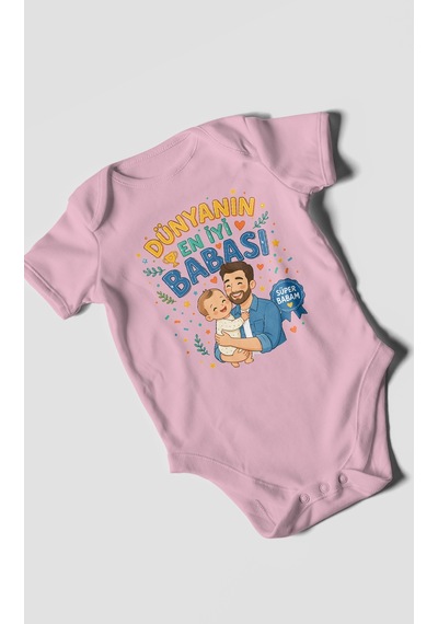 Morivokids Dünyanın En İyi Babası Kısa Kollu Bebek Body %100 Pamuk Koyu Pembe