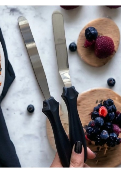 Eğik Pasta Sıvama Spatulası Düz Pasta Sıvama Spatulası 2li Takım Çelik Spatula Çelik Siyah Diğer