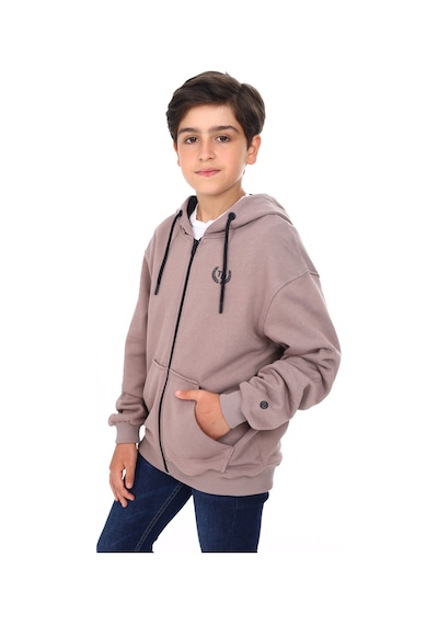 Toontoy Kids Toontoy Erkek Çocuk Kapüşonlu Fermuarlı Cepli Düşük Omuz Baskılı Örme Hırka - 3 İplik Şardonsuz Kahve