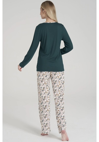 Pijadore 1618 Pamuklu Uzun Kol Kadın Pijama Takımı Yeşil