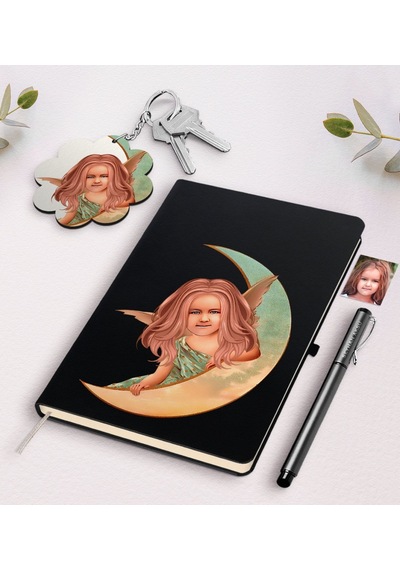 Kişiye Özel Kız Çocuk Melek Karikatürlü Siyah Defter Kalem Ve Ana