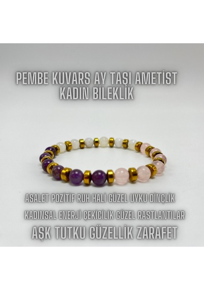 Sertifikalı Ametist Pembe Kuvars Ay Taşı 6mm Doğal Taş Elastik Misinalı Bileklik Çok Renkli
