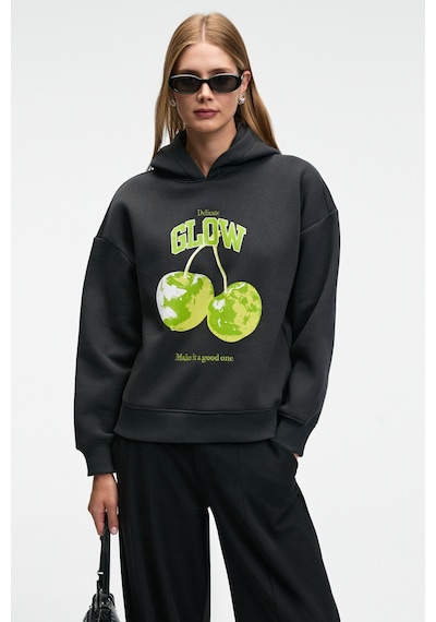 Grimelange YANMESA Kadın Oversize Baskı Ve Nakış Detaylı Uzun Kollu Kapüşonlu Koyu Antrasit Sweatshirt