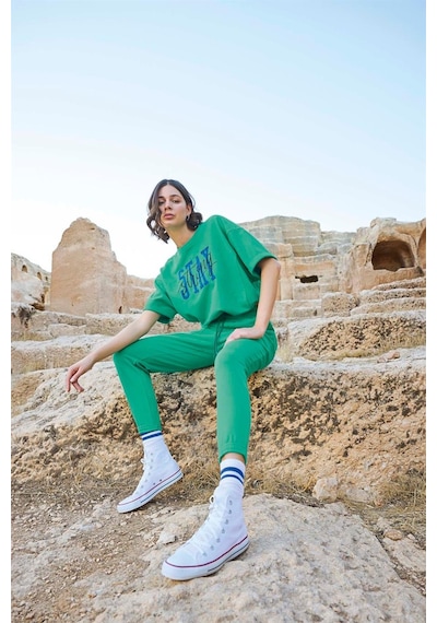 Monamise Kadın Kısa Kollu "stay Strong" Crop Eşofman Takımı 23086 Yeşil