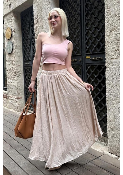 Madmext Bej Vual Kumaş Basic Kadın Uzun Boy Kadın Etek Mg2366 Bej