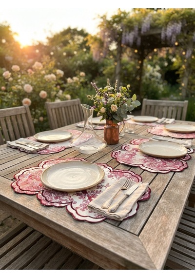 Toile Burgundy Embroidered Amerikan Servis Çok Renkli