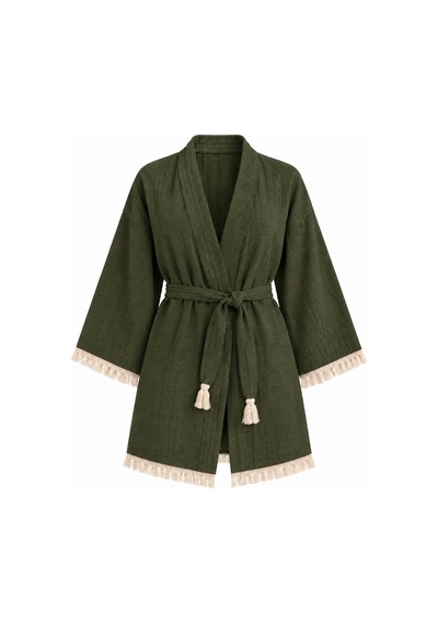 Kimono Müslin 2 Katlı Peştemal Bornoz Beden S-m - Haki Yeşili Haki Yeşil