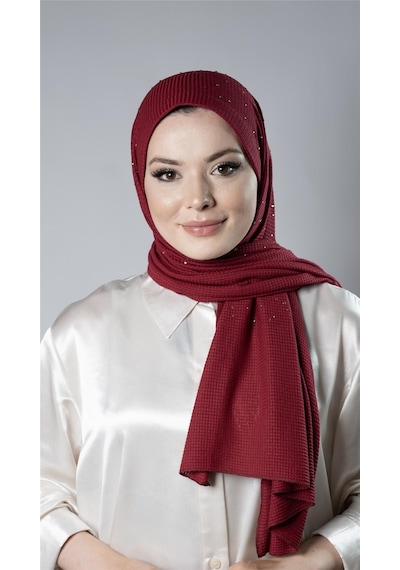 Hürrem Bone Bordo Pratik Hazır Geçmeli Tesettür Şal Örme Kumaş Taş Desenli 2118t 16