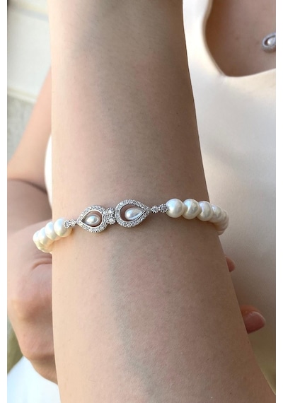 7,5 Mm Zirkon Taşlı Doğal İncili Kadın Bileklik 22 Cm / Beyaz Gümüş