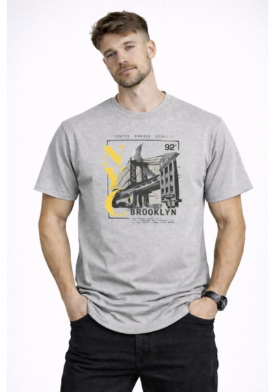 Herkesemoda Nyc Brooklyn Detaylı Basic T-shirt Gri