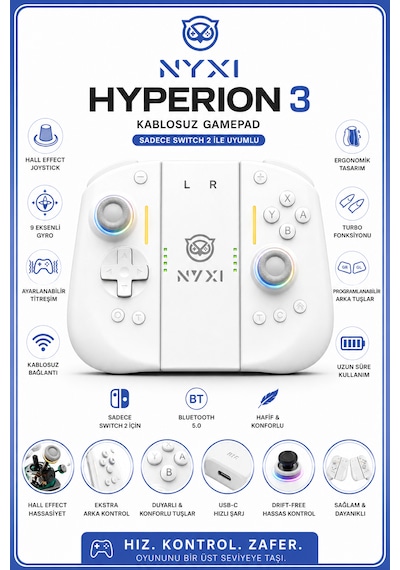 Nyxi Hyperion 3 Beyaz Joypad Switch 2  Hall Effect Drift Yapmayan Joystick Kablosuz Oyun Kolu Joy-con