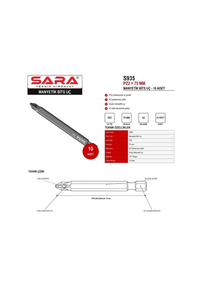 Sara S935 Pz2 75 Mm Manyetik Bits Uç 10 Lu