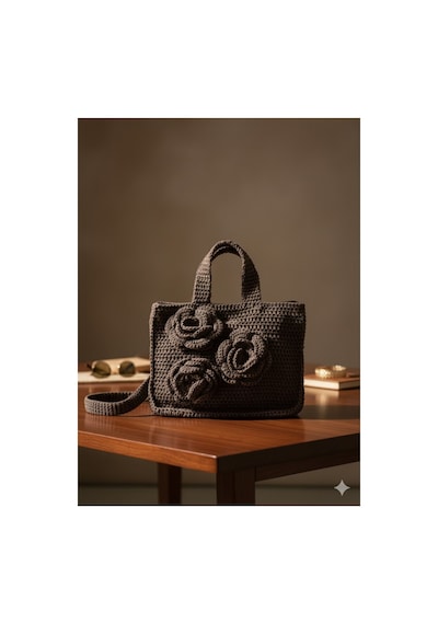 Elörme El Çantası Mango Model İp Örme Kahverengi 24x26 Kahverengi