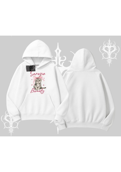 Serene Beauty Kedi Baskılı Kapşonlu Sweatshirt Beyaz