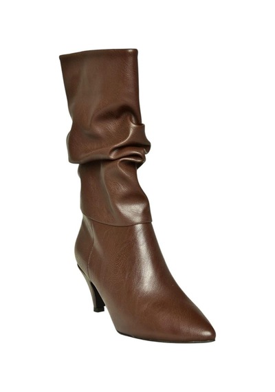 Fox Shoes L404810609 Kahverengi Kısa Topuklu Büzgülü Kadın Bot Kahverengi-suni Deri