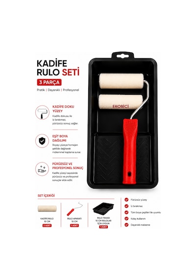Ehobici 3 Parça Lüks Kadife Rulo Moher Boyacı Seti