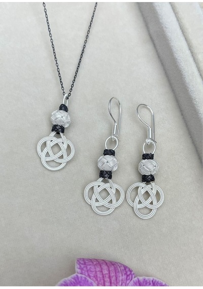 Gümüş Kazaziye Şems Düğümü Kolye Küpe Set - Set09
