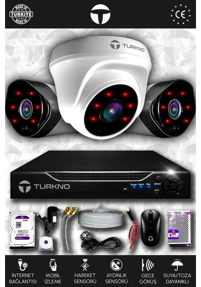Turkno 3 Kameralı Galia 1 İç Kamera Set 100 GB HDD Full HD Gece Görüşlü Güvenlik Kamerası Sistemi