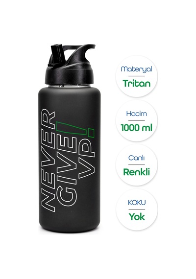 Büyük Su Matarası Tritan Pipetli Su Şişesi Never Give Spor Matarası Suluğu Bpasız 1000 Ml Siyah 0112