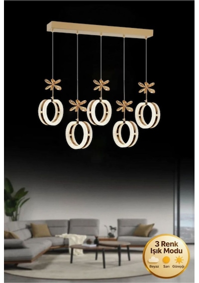 Zerafet 5 Li Rose Gold Yemek Masası Üstü 3 Renk Ledli Modern Sarkıt Led Avize Altın