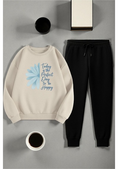 Uyguntarz Unisex Today İs The Perfect Tasarım Basklı Bisiklet Yaka Sweatshirt - 2'li Eşofman Takımı Bej