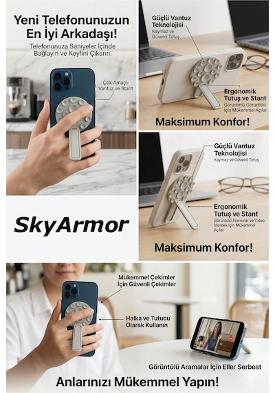 Standlı Silikon Vantuzlu Telefon Sabitleyici Ve Masa Üstü Tutucu Sky161 Krem