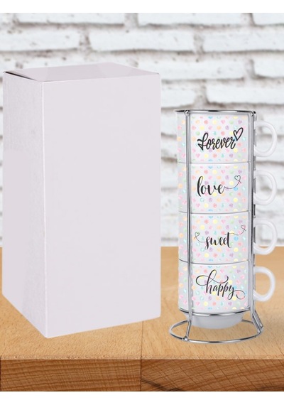 Deepcraft Stantlı 4'lü Fincan Seti Çıkmaz Baskılı Puantiyeli Desenli 4 Adet Fincan Seti 190 Ml Beyaz