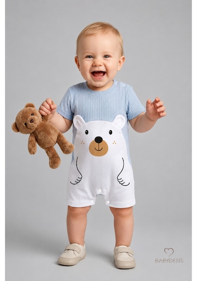 Babyden's Erkek Bebek Ayıcık Baskılı Kısa Kollu %100 Pamuk Yazlık Bebek Tulumu Yenidoğan Günlük Tulum 0-9 Ay Bebe Mavi