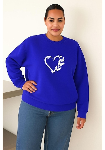 Benroma 3 İplik Penye Kelebekli Kalp Baskılı Büyük Beden Unisex Sweatshırt Saks Mavisi