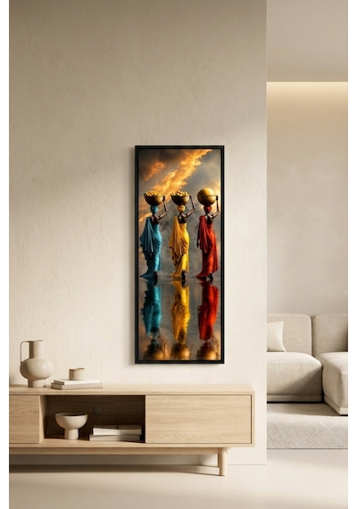Sepet Taşıyan Afrikalı Kadınlar Çerçeveli Dekoratif Tablo 25x60 Cm Dikey Duvar Tablosu Salon Yatak Odası Ofis Dekoru