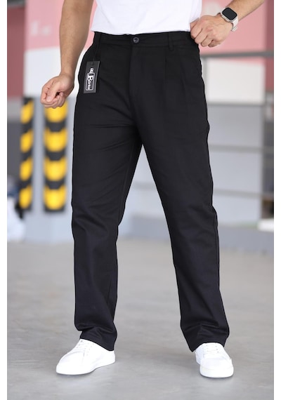 Bürke Çift Pileli Siyah Renk Beli Yarım Lastikli Kaliteli Rahat Kesim Keten Baggy Pantolon