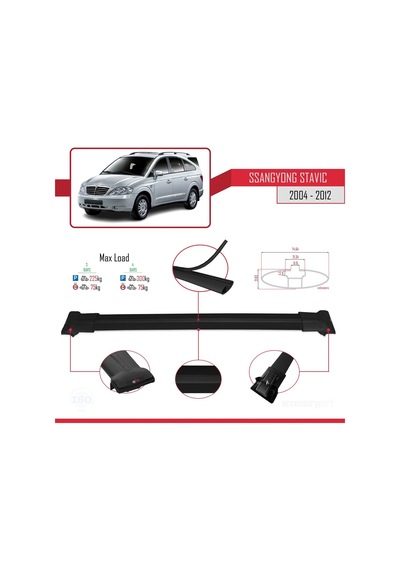 Ssangyong Stavic 2004-2012 Arası İle Uyumlu Fly Model Ara Atkı Tavan Barı Siyah 3 Adet Bar