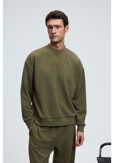 Grimelange VIENTO Erkek Bisiklet Yaka Uzun Kollu Regular Fit Haki Sweatshirt