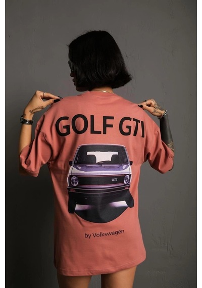 Kadın Oversize Tişört Golf Gtı Retro Araba Baskılı T-shirt - Gül Kurusu