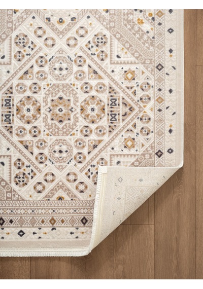Look Classıc Lk002g Geometrik Desen Krem Gri Akrilik Yumuşak Tozuaz Dokuma Taban Salon Halısı-1030 Krem - Gri