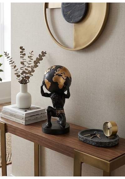 Modern Dekoratif Biblo Siyah Gold Detay Atlas Dünyayı Sırtında Taşıyan Adam Heykeli, Salon Konsol & Sehpa Üst Diğer