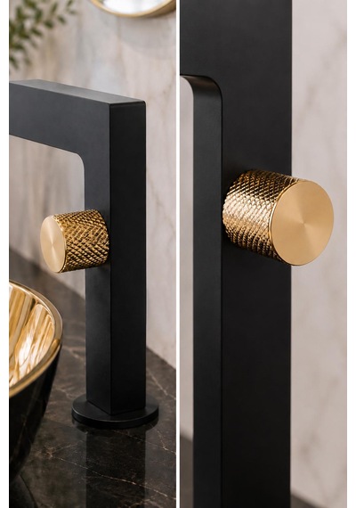 Fontana Fk-2015 Siyah Gold Detaylı Lüks Lavabo Bataryası Mat Siyah Modern Lavabo Bataryası Altın - Mat Siyah